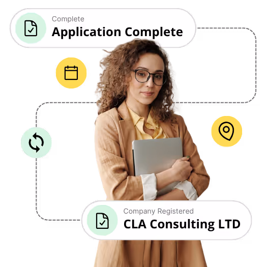 UK freelancer setting up a Limited Company with application complete icons and company name showing complete